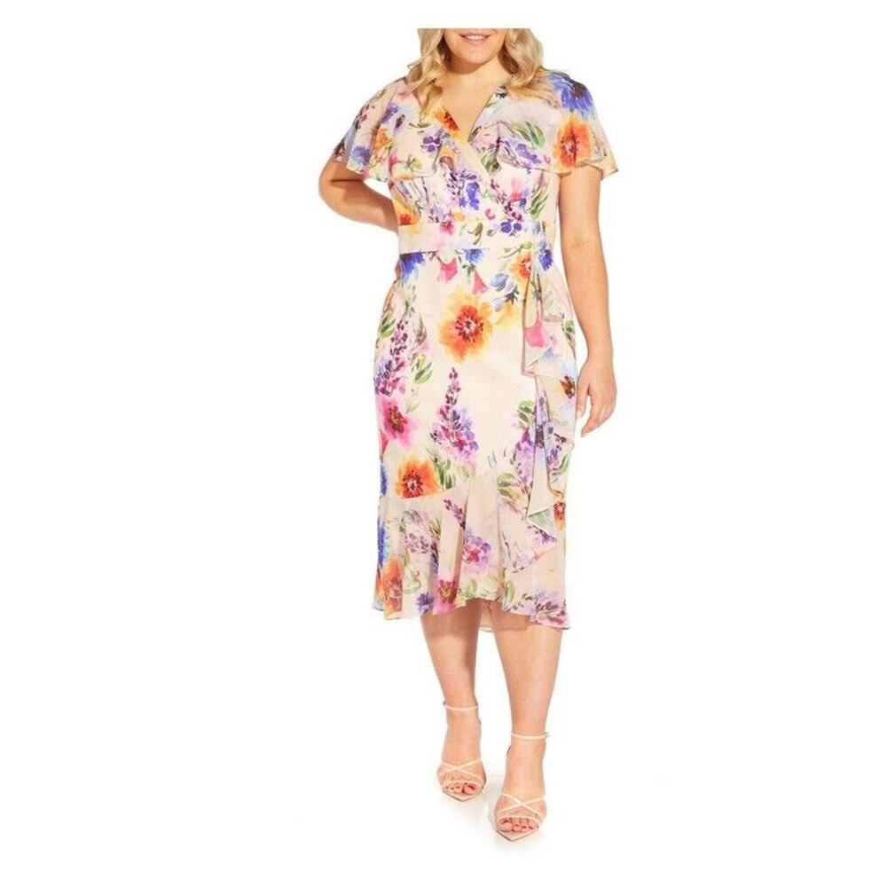 Adrianna Papell Dress Size 14 Floral Midi Flutter Sleeve Spring Wedding Guest